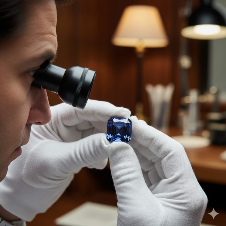 expert examining Ceylon sapphire
