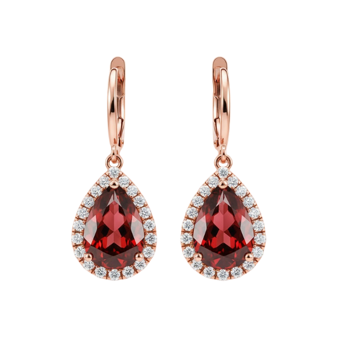 Grid Display ear rings with red gemstones