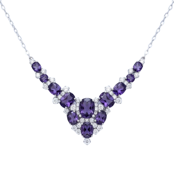 Grid display necklace with purple gemstones